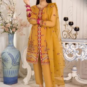 Orgaza machine embroided shirt  Orgaza Embroided Duppata  with katan silk trouser